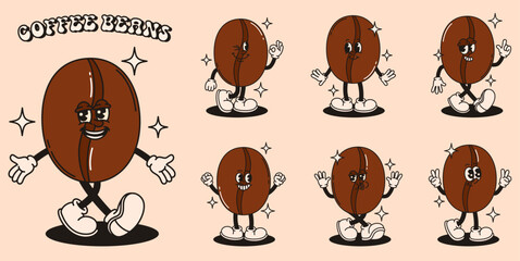 Set of groovy coffee beans characters in retro style.
