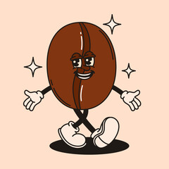 Groovy coffee bean character in retro style.