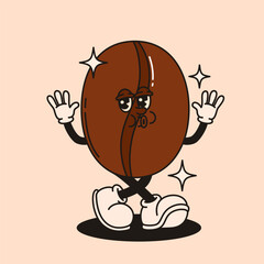 Coffee bean mascot character in retro groovy style.