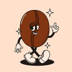 Mascot cute coffee bean character in retro groovy style.