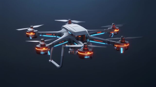 A futuristic drone design hovers mid-air. Its body is sleek gray with vibrant orange and blue glowing accents that create a techy vibe