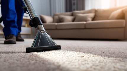 Professional carpet cleaning extractor tool removing stains from rug. Upholstery shampoo, steam extraction, odor removal and allergen control. Service booking, restoration, facility maintenance