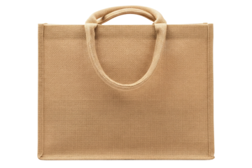 Brown reusable jute shopping bag made from natural woven fiber on a transparent background