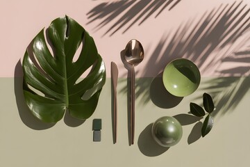 Minimalist indoor table setting stylish dishware with green leaves for modern aesthetic