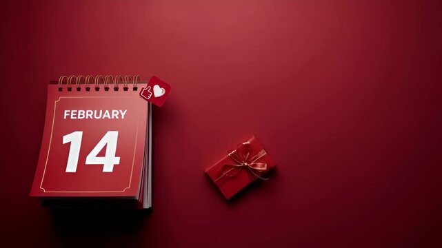 Valentine's Day concept flat lay showing calendar gift and like button on vibrant red surface