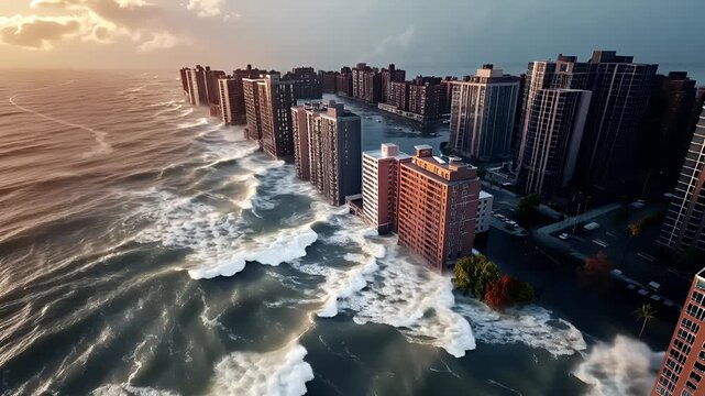 Natural disaster. Devastating loss aftermath scene. Aerial view of coastal cityscape with highrise buildings and powerful waves crashing against shoreline during sunset or sunrise.