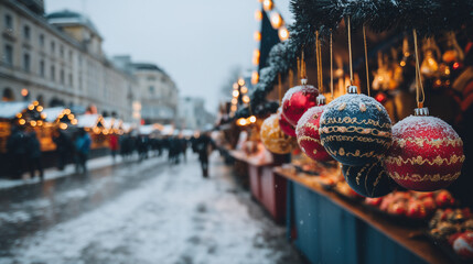 Christmas in Quebec City, Close Up Christmas Ornaments at Quebec City Holiday Market with Snowy Background, Festive Lights and Winter Street