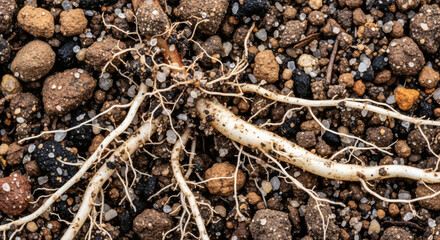 Close-up of plant roots spreading through dark, nutrient-rich soil, revealing subterranean complexity and life's foundations