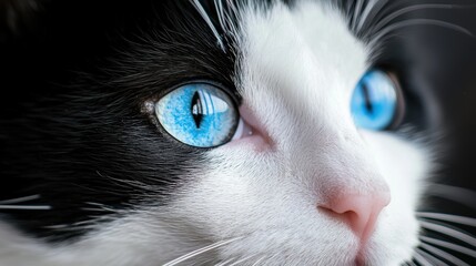 A close-up of a cat's face with striking blue eyes and a white nose.