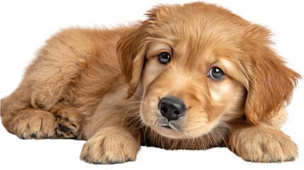 Flat lay of adorable golden retriever puppy resting playfully, cute domestic dog concept isolated on white background
