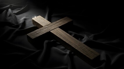 Moody still life of a wooden cross on dark fabric, dramatic chiaroscuro lighting