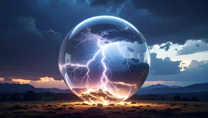 Transparent orb containing lightning amidst a stormy sky over a field