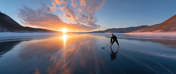 Hockey player skating on frozen lake at sunrise. Concept of winter sports training, outdoor fitness, endurance practice, ice hockey lifestyle, extreme cold conditions, wide copy space.