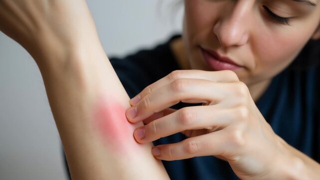 Woman scratching an itchy red rash on her arm. Skin allergy, irritation, or insect bite symptom. Dermatitis and eczema health problem concept