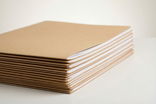 Stack of brown folders with white paper, neatly arranged on a clean surface, showcasing organizational tools for office or school use, ideal for document management and storage solutions