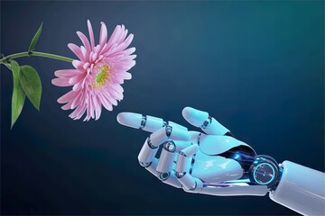 robot hand touch real flower. technology surreal and ai curiosity