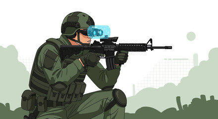Fototapeta premium Futuristic soldier aiming rifle with advanced vision technology in a warzone environment