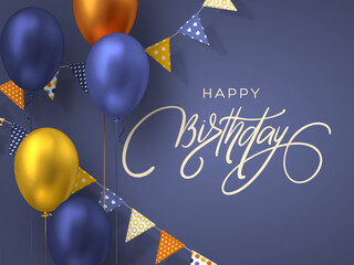 Happy Birthday vector card with handwritten calligraphy and realistic blue and gold balloons. Festive vertical background with flags and garland for party stories and invitations.