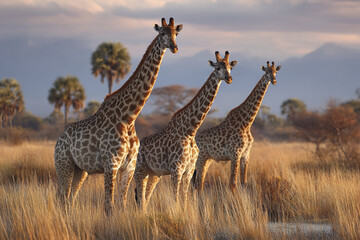 Obraz premium Three giraffes standing in tall dry grass with palm trees and mountains in background during calm sunset in African savanna, showcasing peaceful wildlife beauty