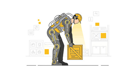 Futuristic warehouse worker using an exoskeleton to lift a heavy crate with ease, illustrating