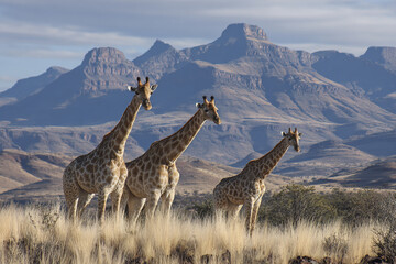 Fototapeta premium African giraffe savanna mountain wildlife nature grassland three giraffes wild animal dry grass scenic landscape tall animal mammal outdoor natural habitat sunny day animal group herbivore