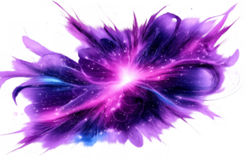 Cosmic nebula creating energy explosion with purple and blue stardust, abstract universe background burst effect