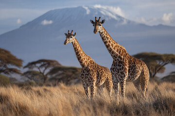 Fototapeta premium Two giraffes stand in dry grassland with acacia trees and large mountain in background, showcasing wildlife beauty and natural African savanna scenery
