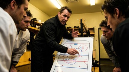 Hockey coach briefing players before match in locker room. Concept of pregame preparation, leadership, tactical discussion, team focus and competitive sports environment.