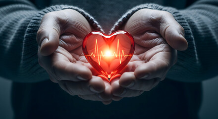 Hands holding red glass heart with heartbeat line symbolizing cardiology health and medical insurance