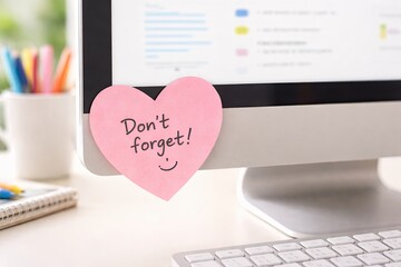 Message note - a heart-shaped sticky note attached to a computer monitor