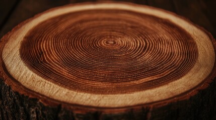 A close-up view of a tree trunk cross-section, revealing the concentric rings of the wood and the texture of the bark.