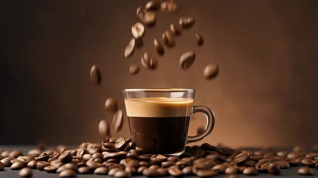 A shot captures a glass cup filled with coffee amidst falling beans. The dark brown cup sits on a pile of beans with a gradient background