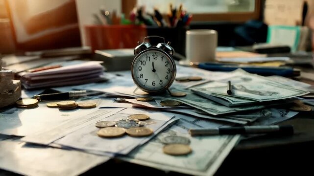 Tax return season. A closeup shot of a cluttered workspace, featuring a desk with various items like an alarm clock, money, coins, and pens. The clock is the central focus.