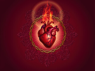Sacred heart illustration in red tones