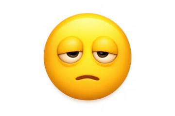 Tired emoji with drooping eyes and a flat mouth feeling sleepy, bored, exhausted, and sad on transparent background