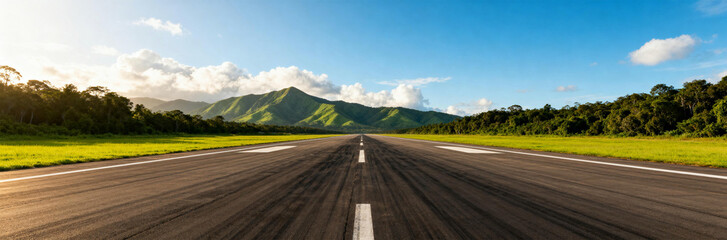 Asphalt Runway with Mountain Landscape and Blue Sky