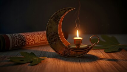 Dark still life of crescent moon symbol with candlelight, Islamic faith concept