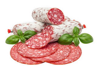 Sliced salami with basil leaves isolated on transparent background