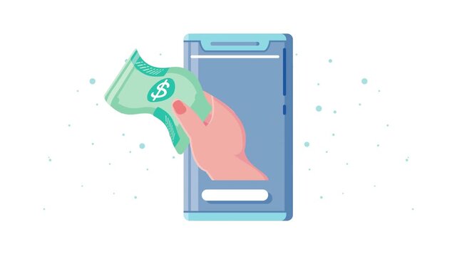 Animated Hand Inserting Dollar Bills into Smartphone for Mobile Payment.