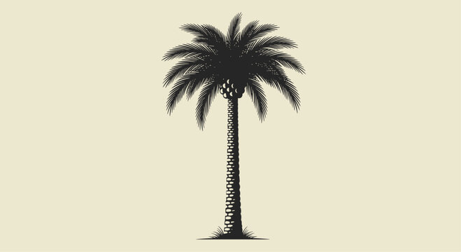 Detailed black and white engraving style of a single tall date palm tree standing on a warm beige background for decor.