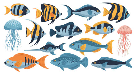 Wide variety of colorful tropical fish and jellyfish swimming together, showcasing diverse marine life underwater in a coral reef.