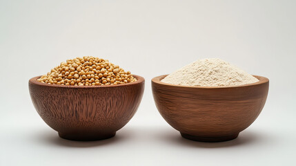 Close Up Top View of Jowar Grains Bowl and Jowar Flour Bowl on Transparent Background