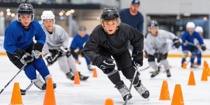 Youth male ice hockey team training drill with cones. Concept of sports education, skill development, teamwork, coaching process and junior hockey training programs.