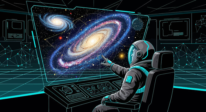 Astronaut navigating through the cosmos with holographic display technology in space station