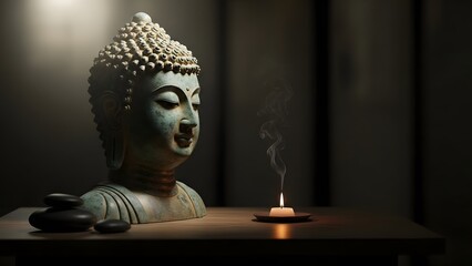 Moody still life of Buddha statue partially in shadow, meditation concept