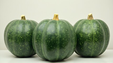 three dark green pumpkins with light green or yellowish spots or patches