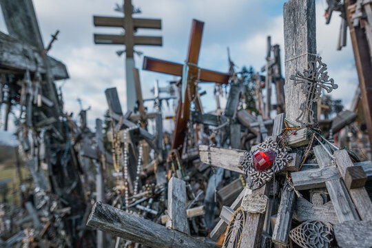 Wooden crosses with heart symbol at the Hill of Crosses, Lithuania