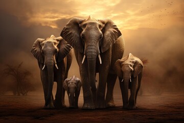 Elephant family walking across the dry plains under a dramatic sky at sunset