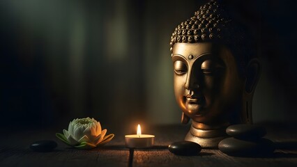 Moody still life of Buddha statue partially in shadow, meditation concept