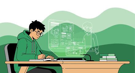 Cartoon depiction of a student using holographic technology for interactive learning session